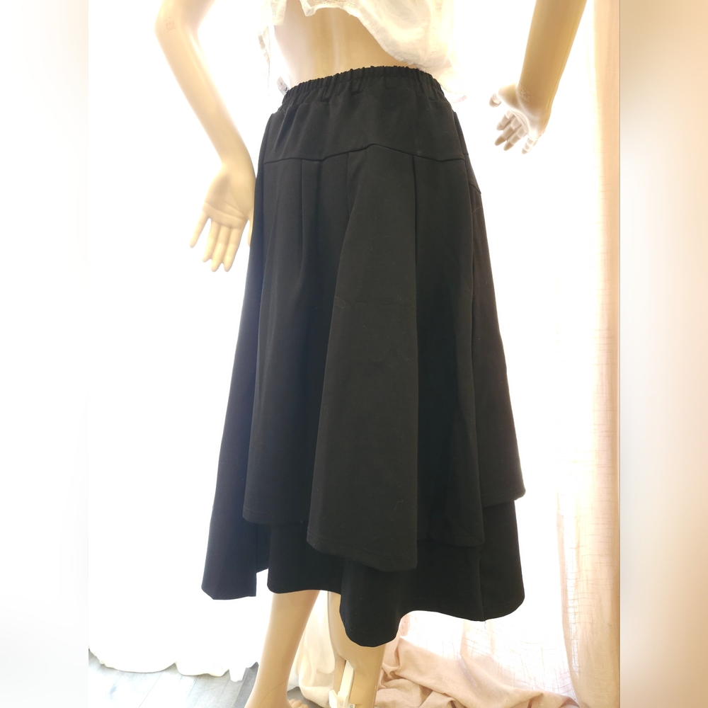 Elegant Black Elastic Waist Asymmetrical Double Layer Ruffled Hem Midi Skirt - Picture 5 of 16